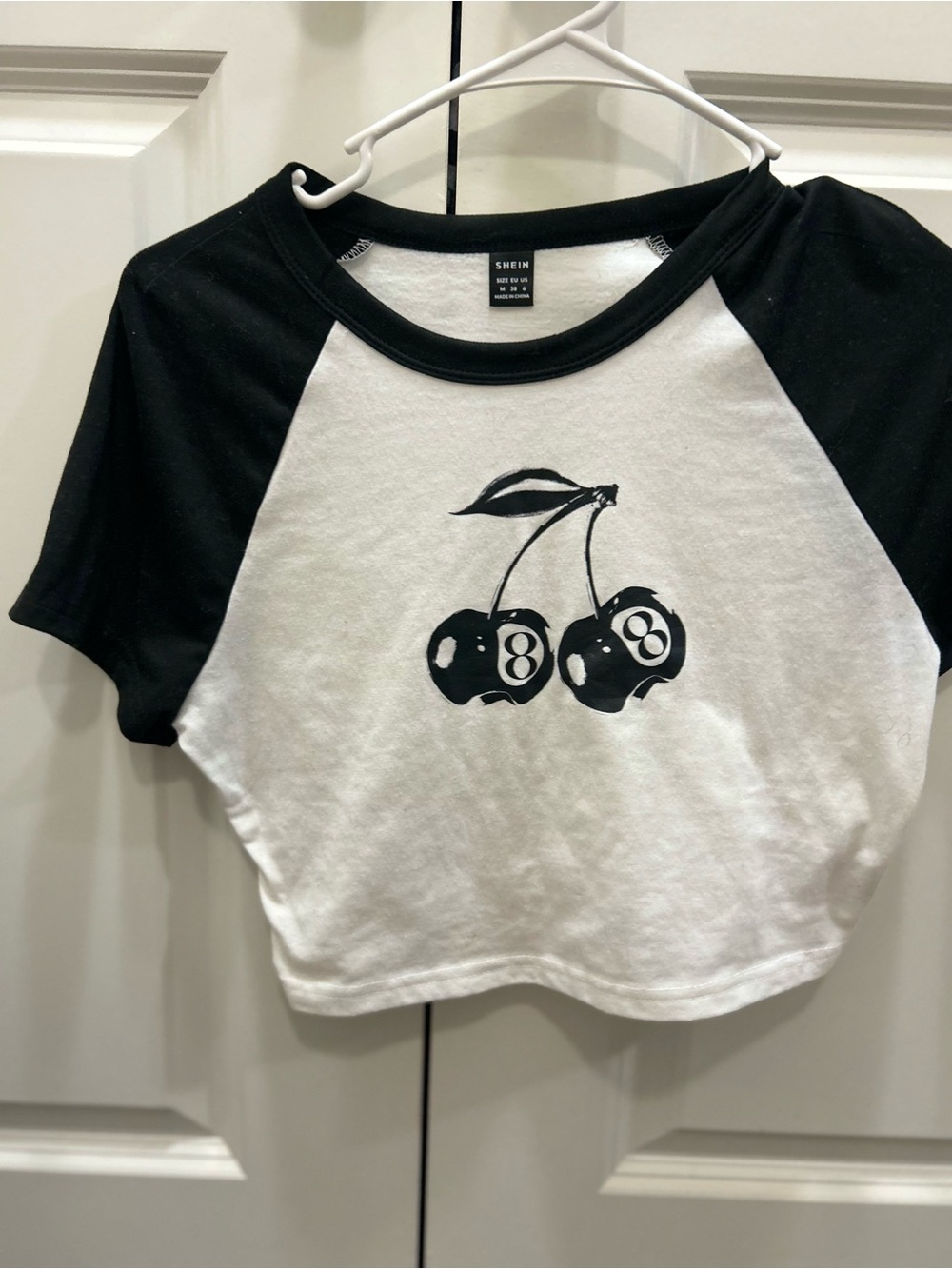 SHEIN Black & White Cherry Raglan Crop Tee